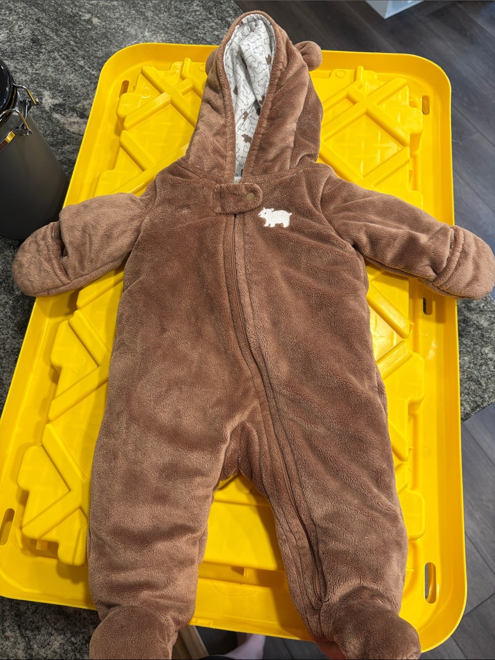 Brown Plush Hooded Baby One-Piece Footie with Bear Detail